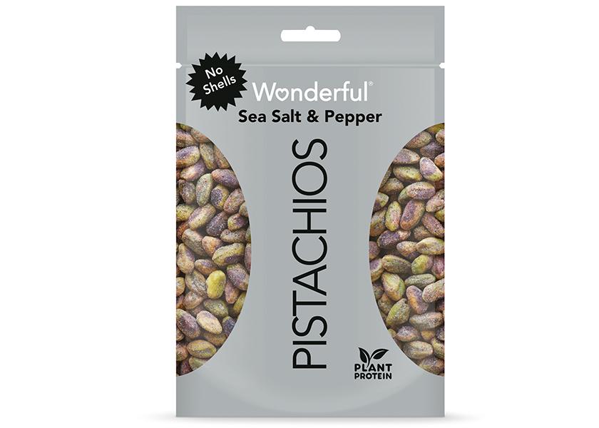 Wonderful Pistachios’ Sea Salt & Pepper No Shells will be available in 2.25-ounce, 5.5-ounce, 11-ounce and 22-ounce bags throughout the U.S. and Canada. It will also be available as part of a 72-count display with Sea Salt & Vinegar No Shells.
