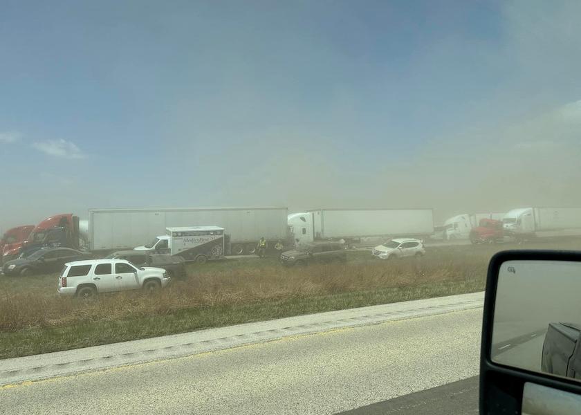 A view of vehicles in a dust storm, which cut visibility to near zero and triggered a series of chain-reaction crashes involving dozens of vehicles, on a highway in Springfield, Illinois, U.S. May 1, 2023, in this picture obtained from social media. 
