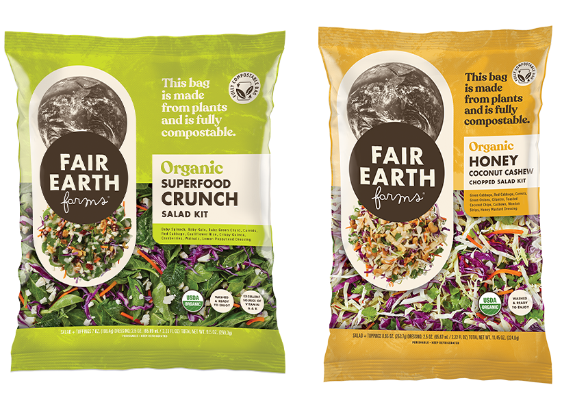 Fair Earth Farms salad kit packages are fully compostable.