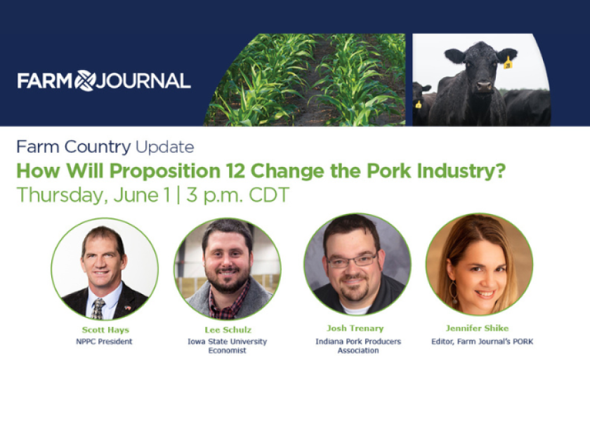 To help bring clarity to the recent Prop 12 ruling and how it may impact the pork supply chain, join Jennifer Shike, editor of Farm Journal’s PORK, and industry experts in the upcoming Farm Country Update on June 1.