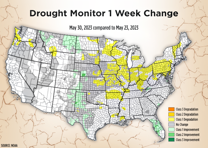 USDA shows 34% of the corn crop and 28% of the soybean crop are currently in a drought. 