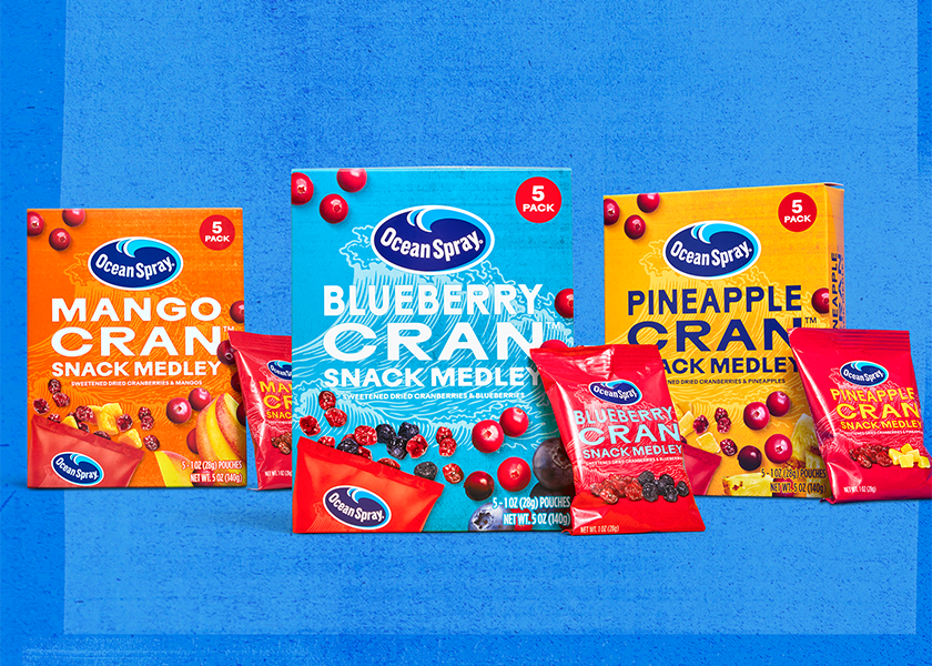 A dried fruit snack medley line from Ocean Spray has launched in Walmart stores across the U.S. and includes three single-serving snack pack varieties that combine whole dried cranberries with dried blueberries, pineapple and mango. 