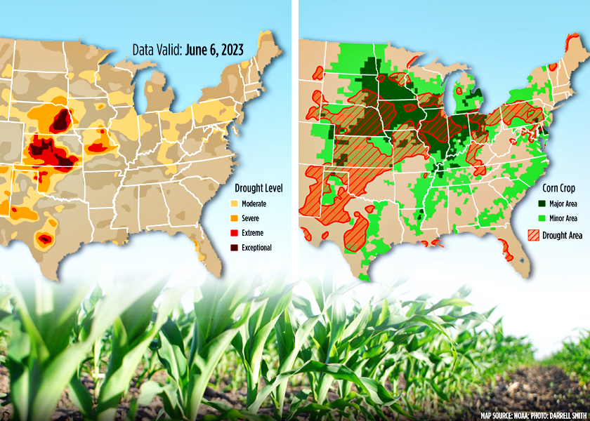 As drought expands east, 45% of the U.S. corn crop is now covered in drought, according to USDA and the National Drought Mitigation Center, which represents an 11-point jump in just a week.
