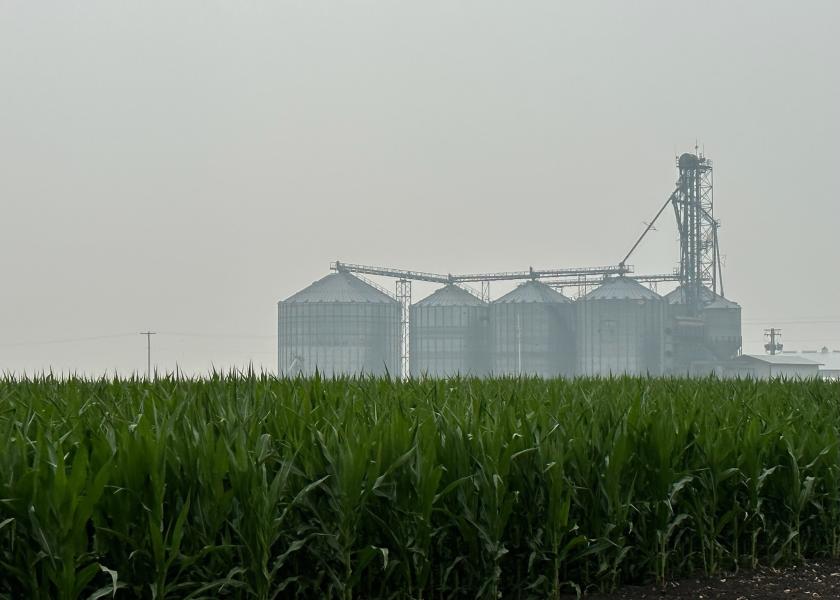 A light blanket of smoke envelops a set of grain bins on an Illinois farm on Wednesday morning.