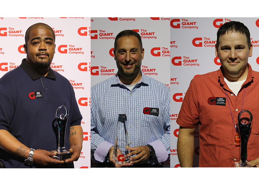 From left: Kevin Miles of Wynnewood, Pa., Brian Lorenz of Carlisle, Pa., and Chad Kiessling of Williamsport, Pa., were among the award winners at The Giant Co.'s 100-year celebration.