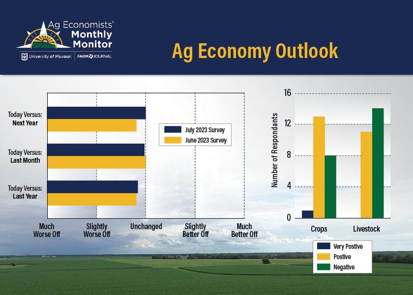 This month's survey showed several key changes from June. Economists think USDA's current corn and soybean yield projections are still too high. The economists predict a drop in corn and soybean prices, but they say cattle and hog prices could nudge higher this year.