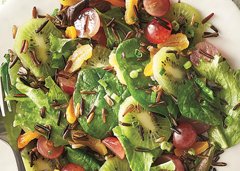 This retailer recipe is the Spring Greens and Wild Rice Salad features a fun way to incorporate kiwi, from Fresh Thyme Market, based in Downer's Grove, Ill.