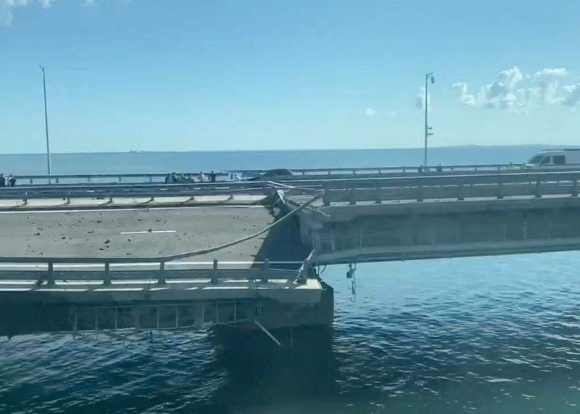 A section of the road split following an alleged attack on the Crimea Bridge that connects the Russian mainland with the Crimean peninsula across the Kerch Strait.

