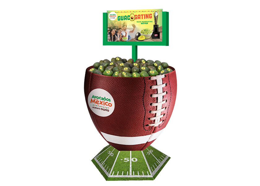 The first produce brand to partner with College Football Playoff has its sights set on inspiring shoppers and game day events this fall with “guacgating,” a playful twist on tailgating. Pictured is an in-store Avocados From Mexico display.