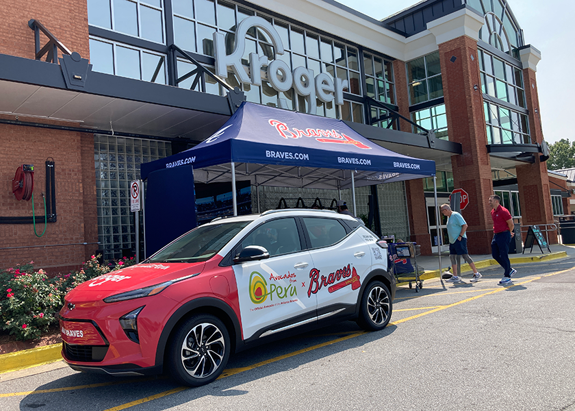 The AVO Braves Chevrolet Bolt EUV made an appearance Aug. 19 at the Sugarloaf Parkway Kroger store in Duluth, Ga.