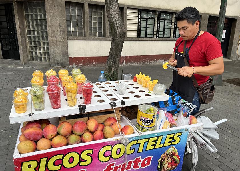 In Mexico City, fresh produce vendors dot the busy streets making healthy snacking convenient and colorful.