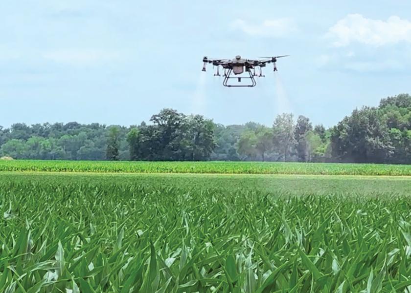 Sizes vary, but a sprayer drone can typically apply a 10' to 40' swath, depending on the wingspan, with bigger drones covering up to 50 acres an hour.