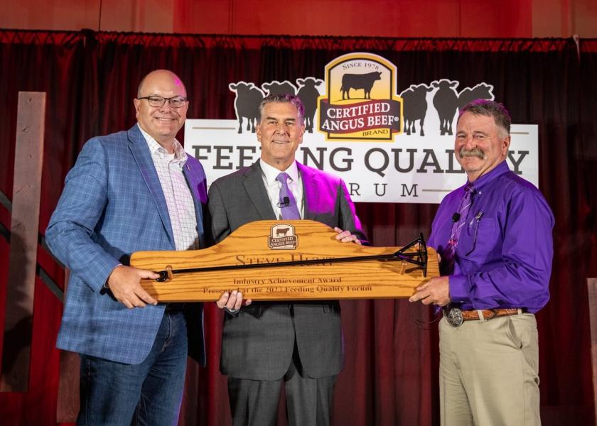 (left to right: John Stika, Certified Angus Beef; Steve Hunt, 2023 Industry Achievement Award honoree; Mark Gardiner, Gardiner Angus Ranch) "USPB has pressed me in every single way–mentally and physically and intellectually–just to accomplish this," Steve Hunt says. But every person he met was a learning opportunity, from producers at the ranch to the people on Wall Street.