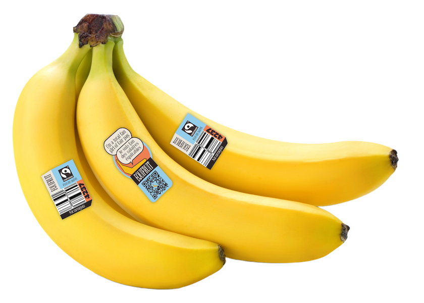 Equifruit’s new conventional banana stickers say: “I’m a total fan girl of fair pay,” says Kim Chackal, co-owner and director of sales and marketing.