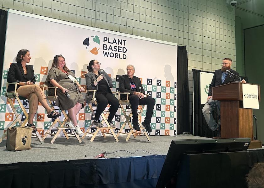 From left, Danielle Schwab of Fable Foods, SarahMarie Cole of MyForest Foods, chef Stephany Burgos of New York’s Planta restaurants, chef Eric Ripert of New York's Le Bernardin and Benjamin Davis, vice president of content for Plant Based World Expo, discuss mushrooms at a panel session.