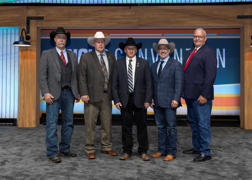 The newly re-elected 2023-2024 American Angus Association® board members pictured from left to right: Darrell Stevenson, Charles Mogck, Jerry Theis, Smitty Lamb and Mark Ahearn.
