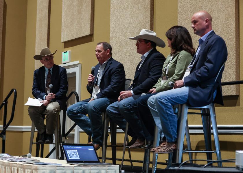 From left: Troy Marshall of the American Angus Association, Doug Stanton of IMI Global, Tracy Woods of 44 Farms, Lydia Yon of Yon Family Farms and Travis Mitchell of Clemson University’s Cooperative Extension Service. 