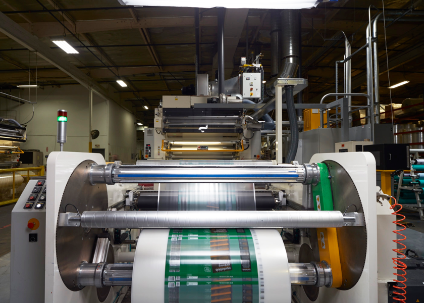 Machine prints roll stock for lettuce bags for Union City, Calif.-based Emerald Packaging Co. Today, 95% of what the company makes is bags and roll stock for salads as well as celery, spinach and other leafy greens, says CEO Kevin Kelly.