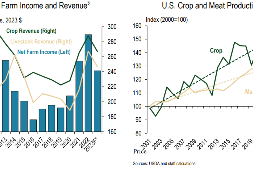Farm income is expected to drop notably from last year alongside lower revenues and higher expenses, but remain well above the historic average. 
Reduced cattle inventories continued to limit meat production. Crop production rebounded alongside a large corn harvest and improved growing conditions for other key products.