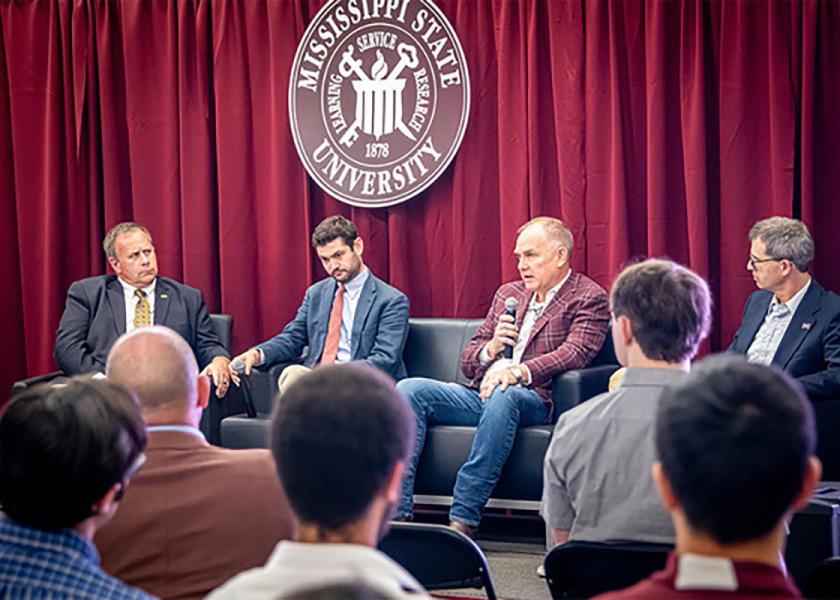 Mississippi State University celebrated the Agricultural Autonomy Institute opening with a panel including, from left, College of Agriculture and Life Sciences dean Scott Willard; agricultural engineer and distinguished panel guest Kit Franklin of the U.K.; Agricultural Autonomy Institute director Alex Thomasson; and Bagley College of Engineering dean Jason Keith. 