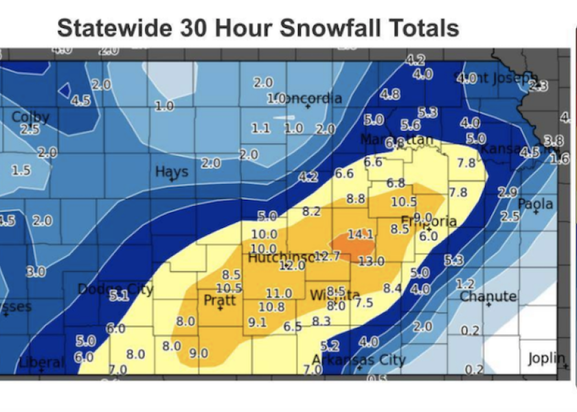 Snow totals varied across Kansas, with the heaviest amounts falling east of Hutchinson. According to official snowfall totals, Hutchinson received 12 inches of snow, and a pocket to the east of the city received 14.1 inches of snow.