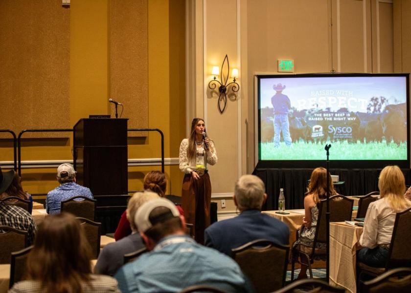 "The best beef is raised the right way," Kirsten Nickles, CAB Sustainability and Animal Care Scientist, tells BQA training attendees about Sysco and CAB's commitment to cattle care. 