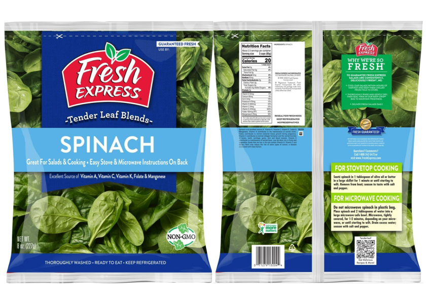 Fresh Express has recalled its 8-ounce bags of Fresh Express Spinach and 9-ounce bags of Publix Spinach due to a random positive result for listeria. The company said no illness has been reported.