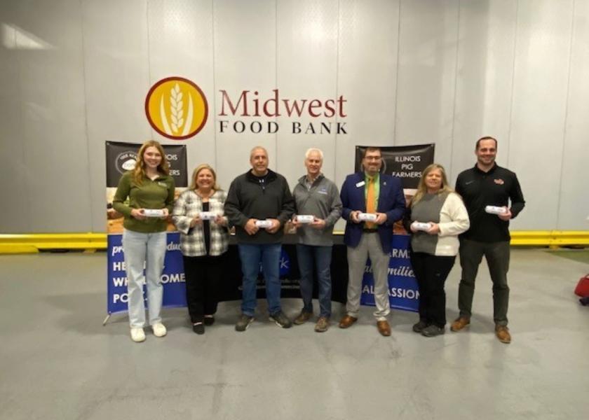 Pictured left to right: Olivia Key (ISA), Aimee Beam, (Midwest Food Bank), Brad Stiendinger (Stiedinger Foods), Pat Bane (IPPA), John Klemm (IL Corn), Dianne Handsacker (Assoc. of IL Meat Processors), Matt Moran (ISU)