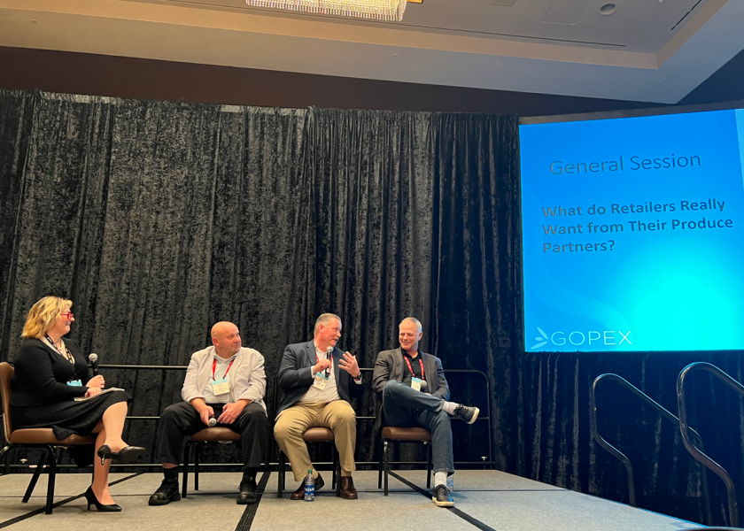 From left, Kristine Lorusso of the Guimarra Cos. moderated a panel about retailer relationships with Dennis Payne of The Fresh Market, Jeff Cady of Northeast Grocery and Daniel Bell of Grocery Outlet at the 2024 Global Organic Produce Expo in late January.