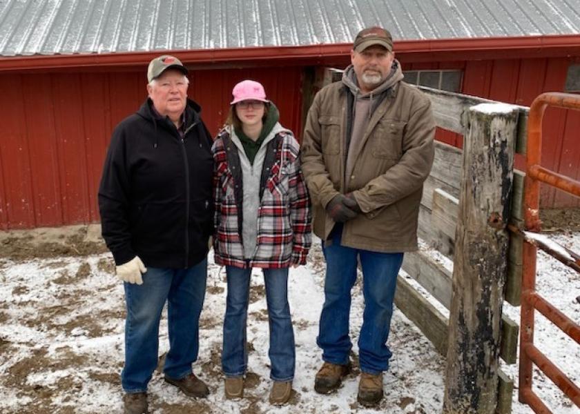 Bernie Bolton, representing IA Beef Breeds Council; Khloee Cannon, recipient; and Cary Gilman, Gilman Shorthorns, Stuart, IA