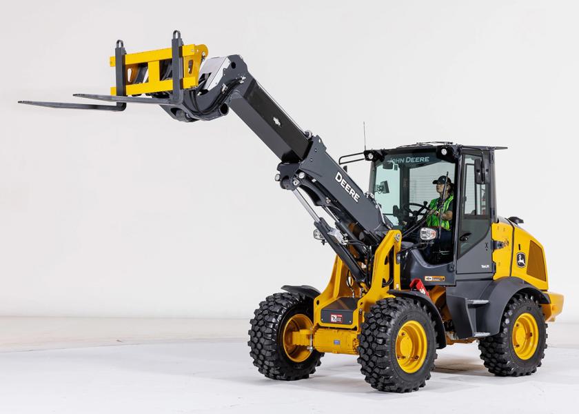 John Deere's new 326 P-Tier telescopic compact wheel loader offers 16-plus feet of reach from its telescopic lift arm and it has a variety of features for operator comfort and ease-of-use, according to the company.  