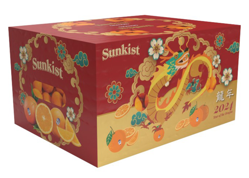 Sunkist says its Year of the Dragon cartons and matching merchandising program feature an authentic Chinese design with bold, custom illustrations printed with a focus on red and gold colors.