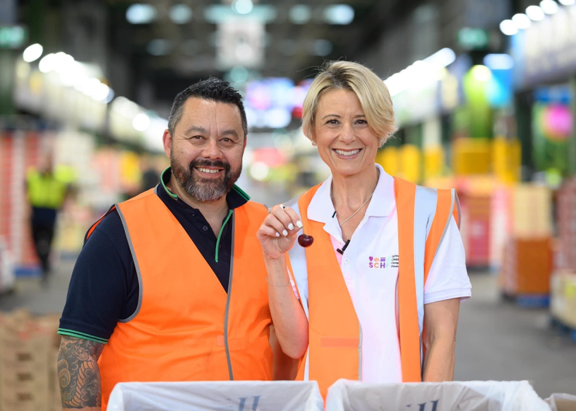 Brendon Lai of Fresh Produce Group in Australia and Sydney Children’s Hospitals Foundation CEO Kristina Keneally are shown with the Cheery Nubula cherry.