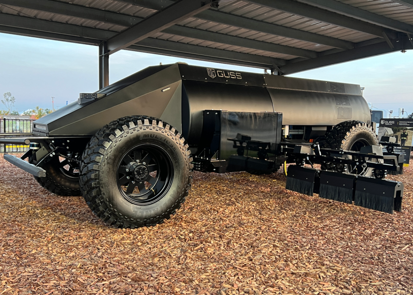 John Deere and GUSS Automation debuted an electric version of its autonomous sprayer at the 2024 World Ag Expo. Kriesel batteries power the electric GUSS, which the company says can spray for a full shift when fully charged. 