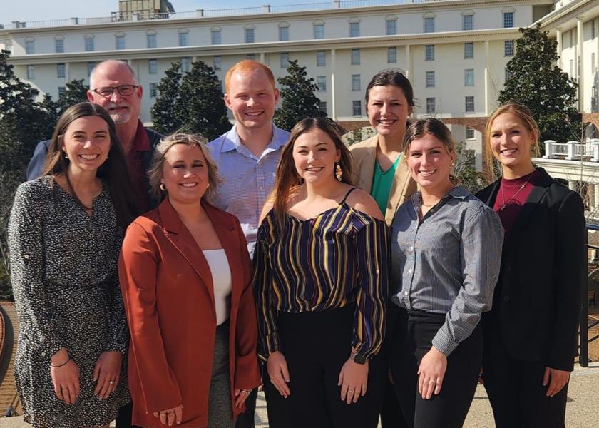 The 2024 recipients of the American Association of Swine Veterinarians Foundation and Merck Animal Health Veterinary Student Scholarship Program include back row (left to right): Jack Creel, D.V.M. with Merck Animal Health; Adam Steffensmeier; Mallory Wilhelm; Elizabeth Ohl. Front row (left to right): Megan Neveau Thomas; Matilyn Wheeler; Kristen Cleaver; Kendall Sattler. Not pictured: Cassidy Cordon, Juan Hernández Cuevas, Samantha Nixon.
