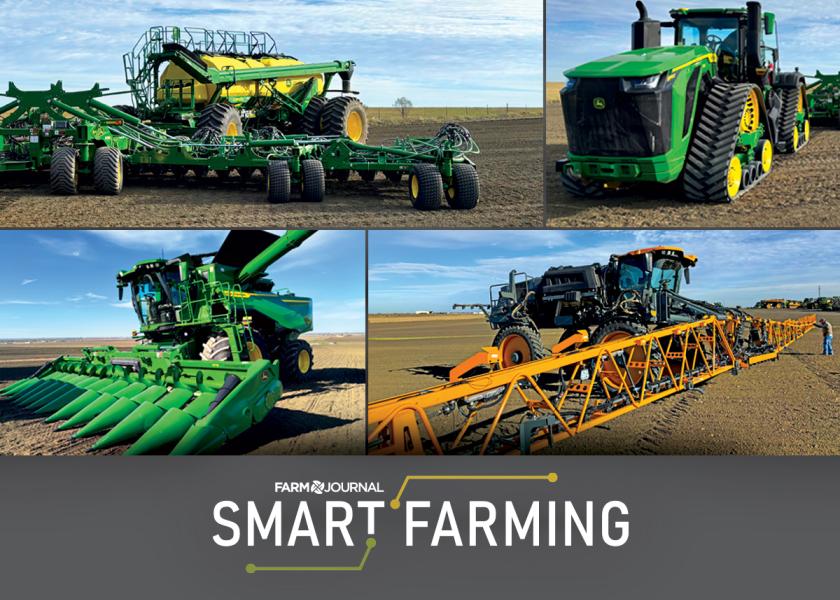 John Deere's model year 2025 class is notable for its integration of advanced technology straight off the factory line. It features (clockwise from top left) a C850T air seed cart, 9RX high-horsepower tractor, Hagie STS applicator with See & Spray Premium and S7 combine. 