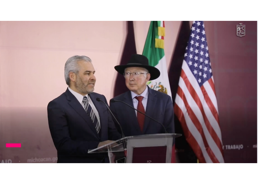Shown from left are Michoacán Gov. Alfredo Ramirez and U.S. Ambassador to Mexico Ken Salazar.