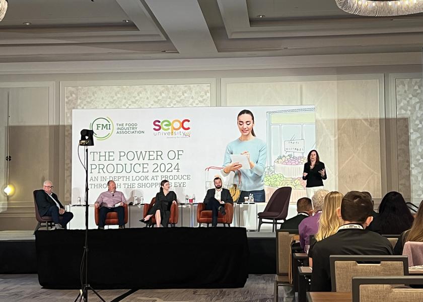 "The Power of Produce 2024” session at the Southeast Produce Council’s Southern Exposure conference was co-moderated by Anne-Marie Roerink of 210 Analytics and Rick Stein of FMI, and featured John Clear, senior director, A&M Consumer and Retail Group and interim chief merchandising officer for 99 Cents Only Stores; Melissa Thrasher, procurement team leader, Whole Foods Market; and Jon Greco, senior director of produce sourcing, Sysco Corp.