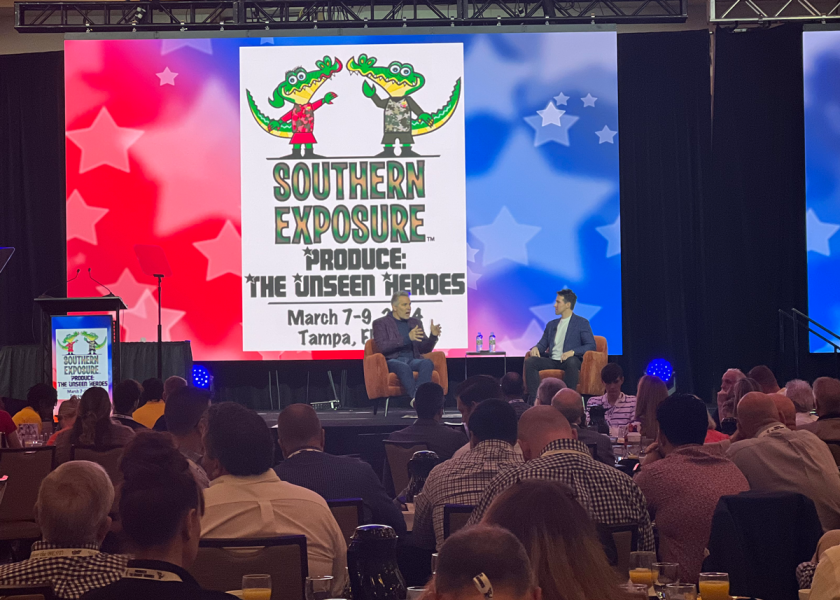 Adam Mendler, at right, host of the business podcast “Thirty Minute Mentors,” interviews Kurt Warner during the Southeast Produce Council’s keynote brunch at Southern Exposure. 