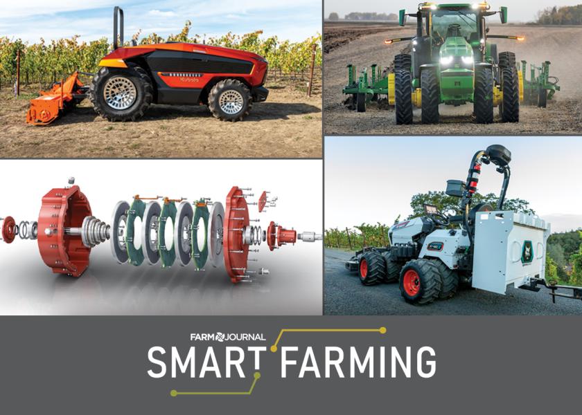 Clockwise from left: Kubota Agri Concept Electric Vehicle Utility Tractor; John Deere presented its tech stack for cotton growers at the show; Bobcat AT450X enabled by Agtonomy Articulating Utility Tractor; Infinitum Air Core Mobility Liquid Cooled Engine.