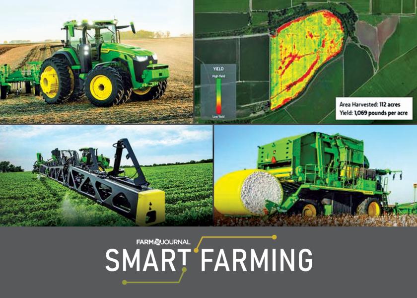 Top left clockwise: Deere's 8R driverless tractor as it completes field tillage work; Operations Center map showing yield by zone; CS 770 combine harvesting cotton; See & Spray is helping producers save up to 30% of annual chemical usage and is available today new or retrofit.