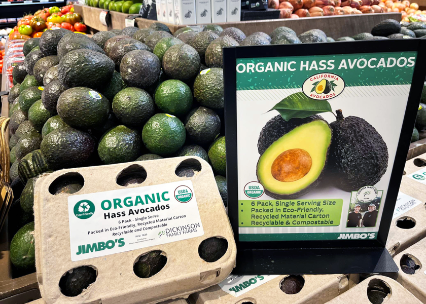 Jimbo’s has partnered with a local grower, Dickinson Family Farms, to create an eco-friendly compostable pack to hold six small avocados.