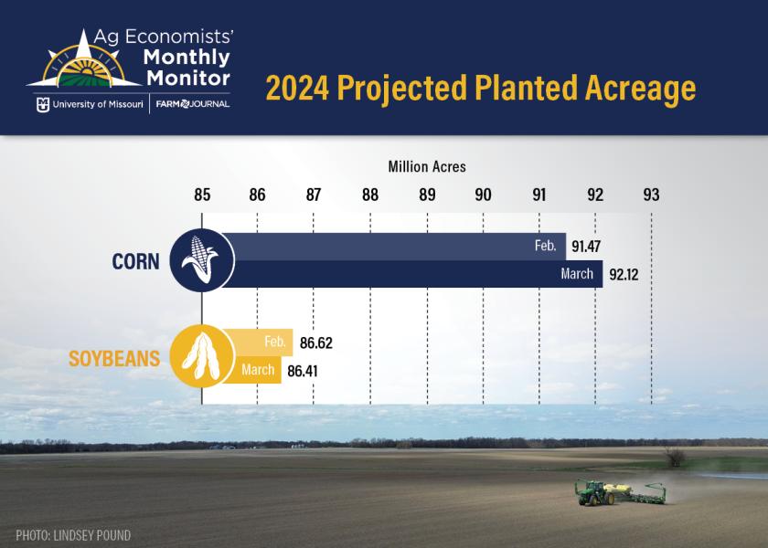 The March Ag Economists' Monthly Monitor found nearly 80% of those surveyed say soybeans pencils better than corn this year, but economists still increased their corn acreage projections slightly in the latest survey.