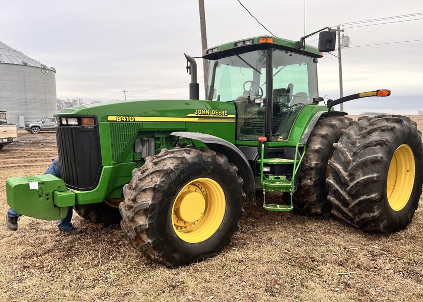 This 2001 John Deere 8410 tractor went for $157,500 at an auction in Hartley, Iowa, recently. It is the second highest auction price ever on a used 8410, according to Machinery Pete used equipment sales data. 
