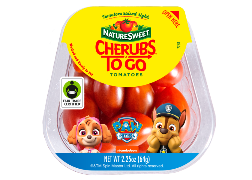 NatureSweet在其Cherubs To Go零食包上首次推出了新的透气密封件，该零食包装以“Paw Patrol”救援犬为特色。