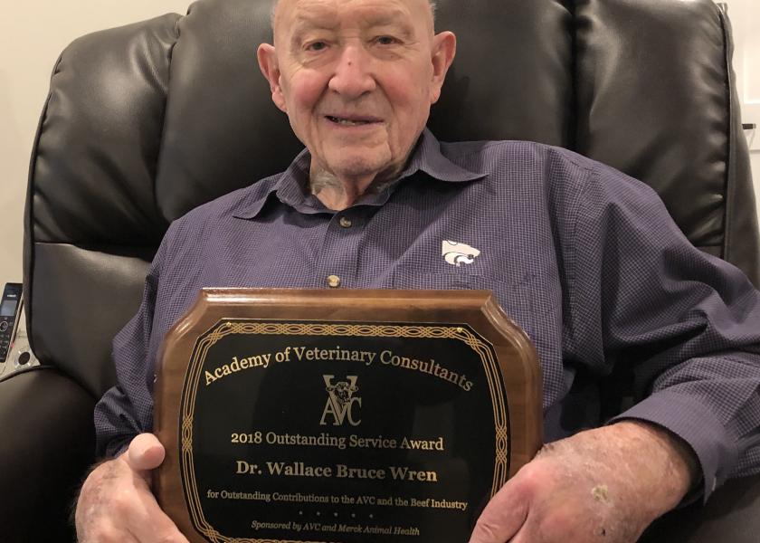 W. Bruce Wren, DVM, MS, PhD, received the AVC Outstanding Service Award at the winter AVC meeting in Kansas City for his contributions over 60 years to veterinary medicine.