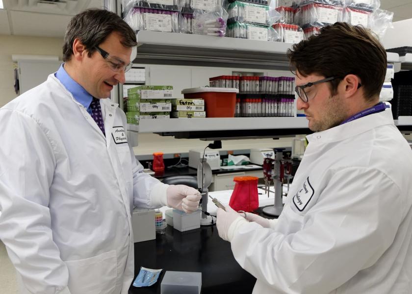 Andrew Curtis (right), doctoral research assistant works in the laboratory with Hans Coetzee (left), professor and head of the anatomy and physiology department.