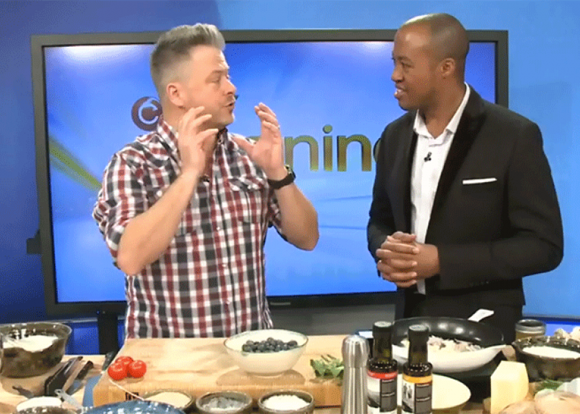 Chef Jonathan Collins (left) uses Chilean blueberries during a cooking demonstration with CTV's Henry Burris on the network's Morning Live program.
