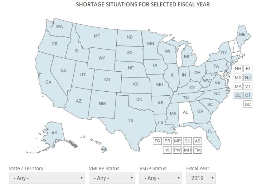 The VMLRP website includes an interactive map detailing shortage areas and specific types of shortages for 2019.