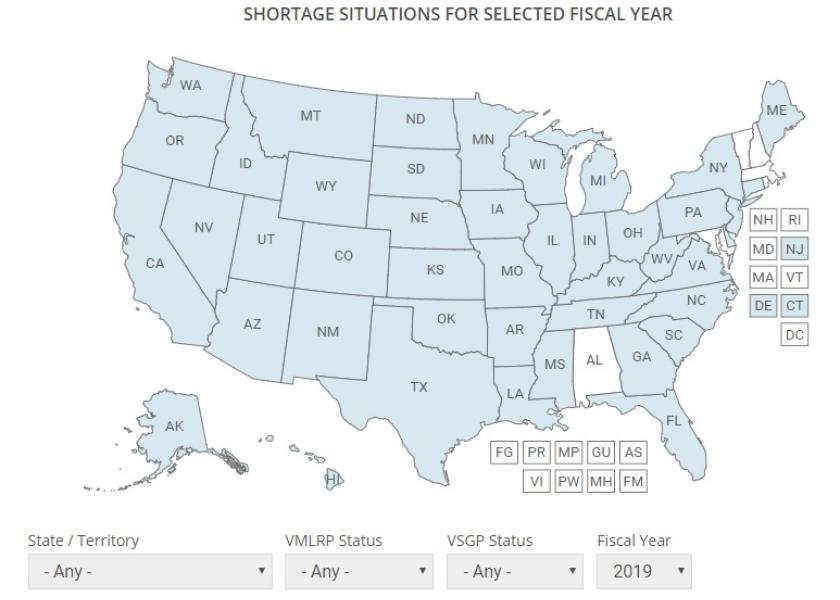 The VMLRP website includes an interactive map detailing shortage areas and specific types of shortages for 2019. 